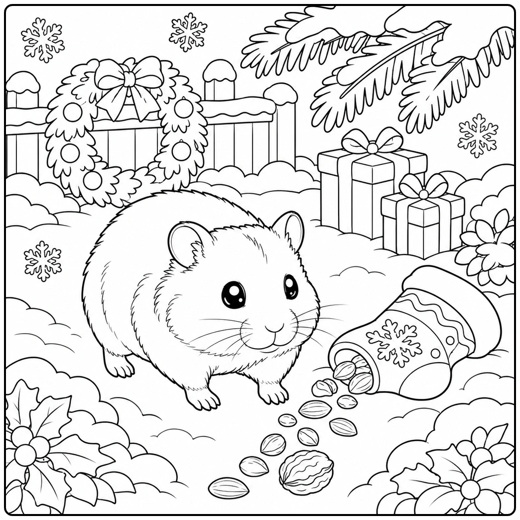 A christmas hamster coloring page shows a hamster beside a tipped stocking, scattered seeds, and wrapped gifts
