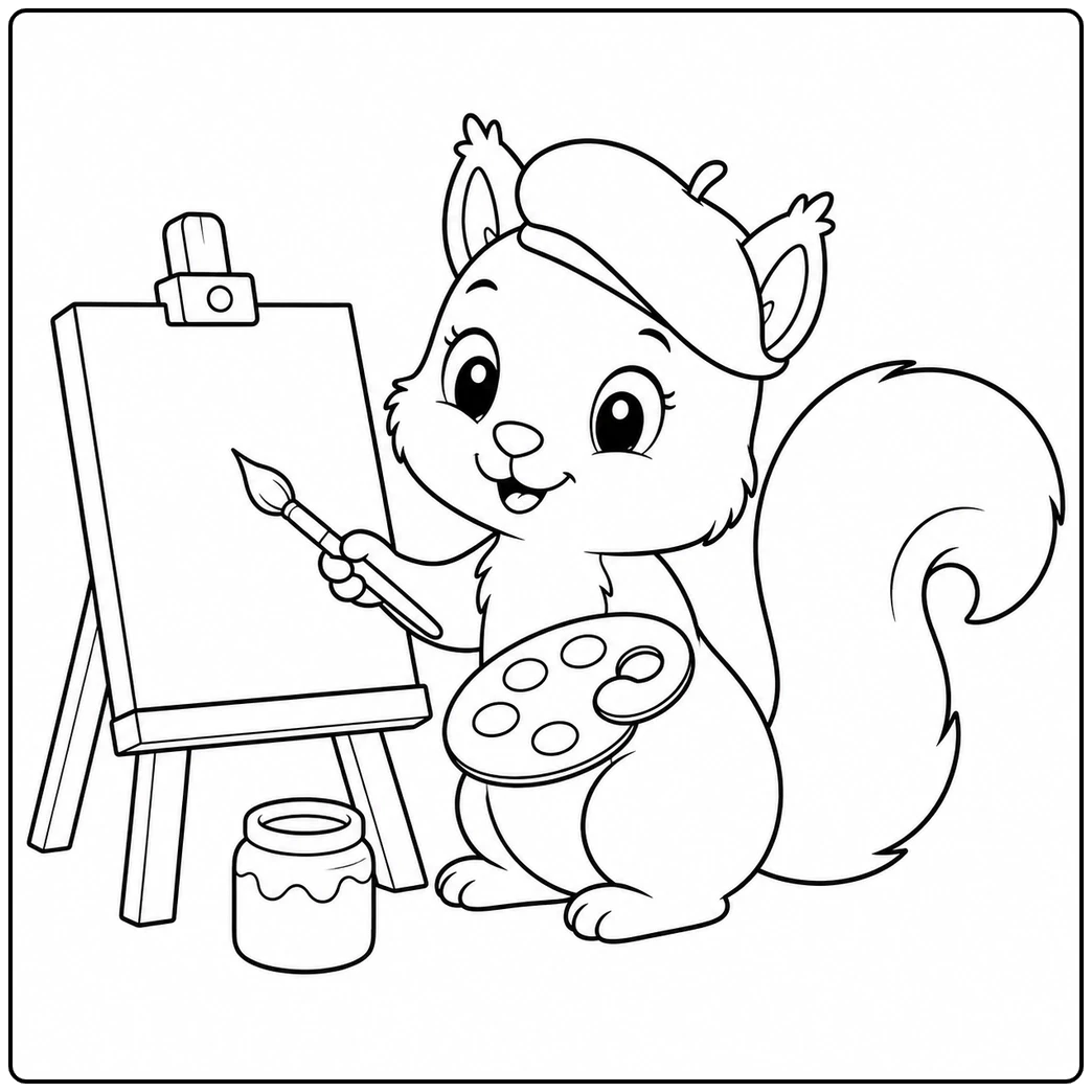 Artist squirrel in a beret painting at an easel with a palette and paint jar