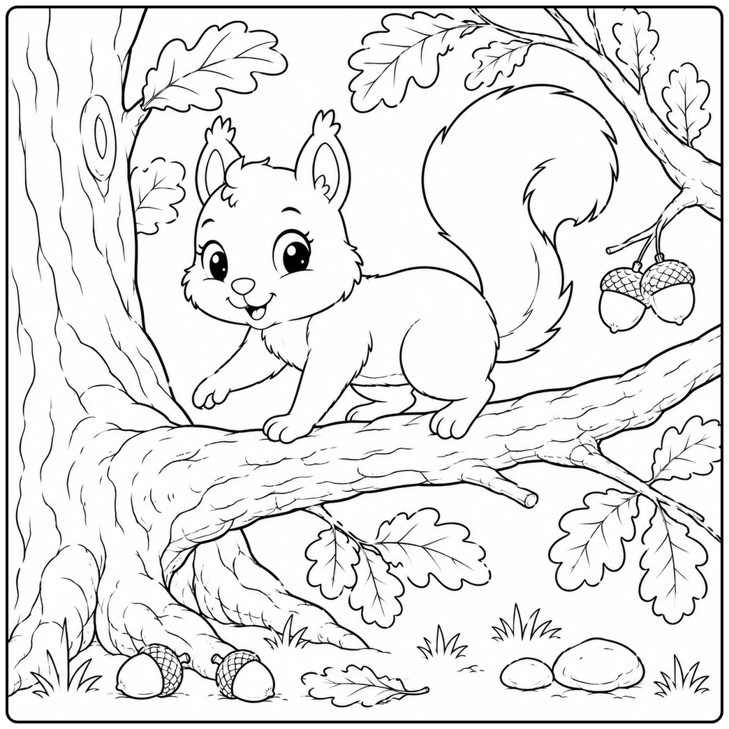 Squirrel walks along a broad woodland branch surrounded by oak leaves and hanging acorns
