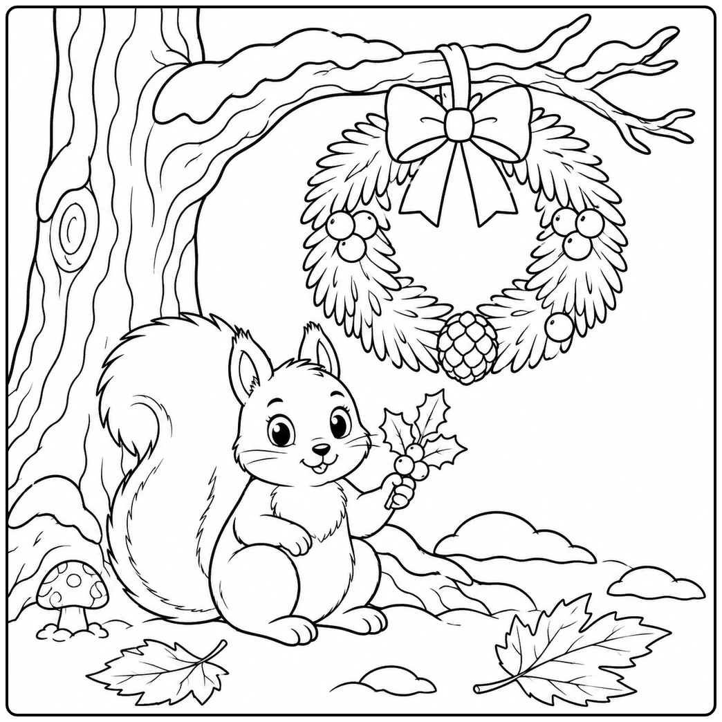 Squirrel holds a holly sprig beneath a winter wreath hanging from a snowy branch