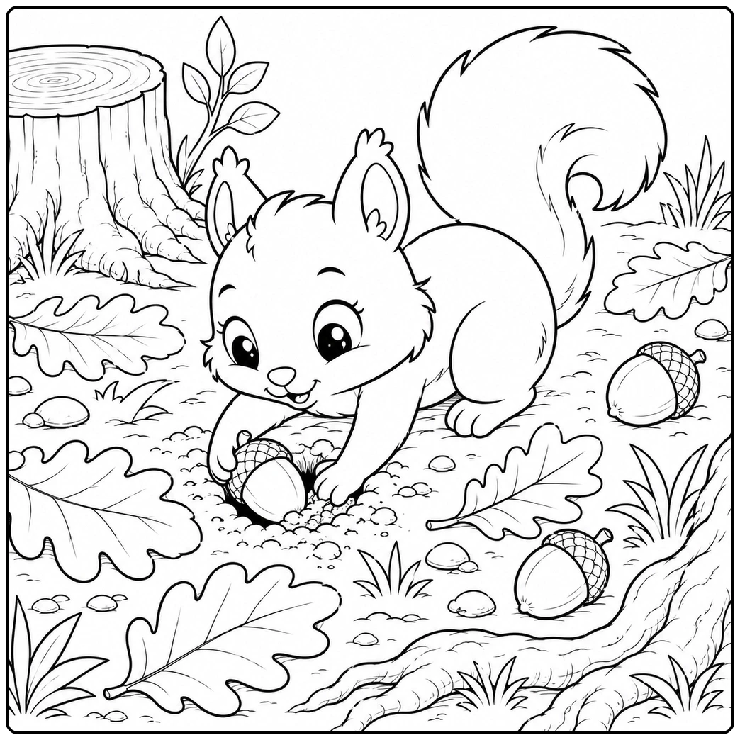 Busy squirrel buries an acorn among broad oak leaves, roots, stones, and forest grass