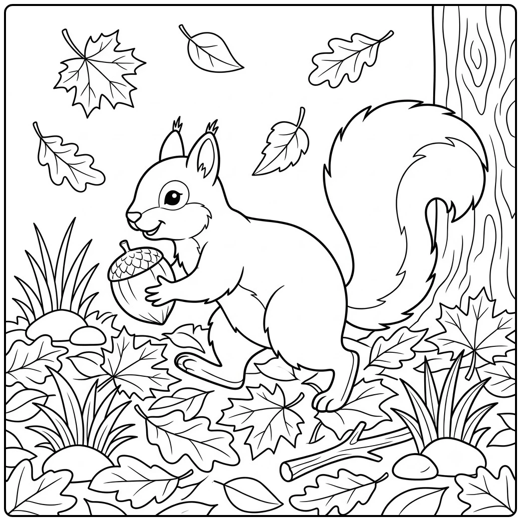 Squirrel carries a large acorn through a woodland floor scattered with oak leaves and stones