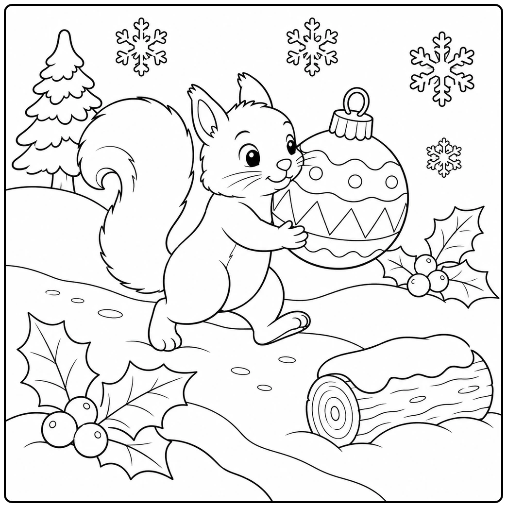 Smiling squirrel carries a giant ornament through snow beside holly and a fallen log