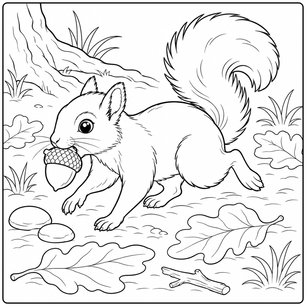 A busy squirrel trots across the forest floor with a large acorn held securely in its mouth.
