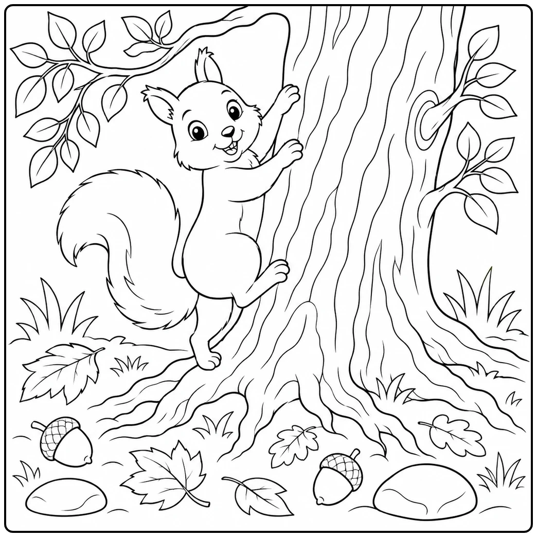 Squirrel climbs a tall tree trunk in a squirrels in trees coloring page with oak leaves