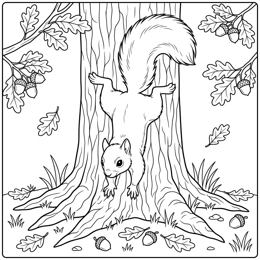 Squirrel climbs headfirst down a tall trunk surrounded by oak leaves and fallen acorns