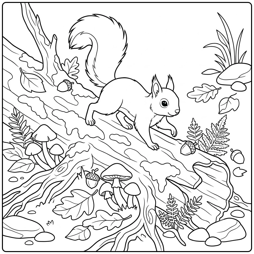 Woodland squirrel crosses a mossy fallen log among mushrooms, ferns, leaves, and acorns
