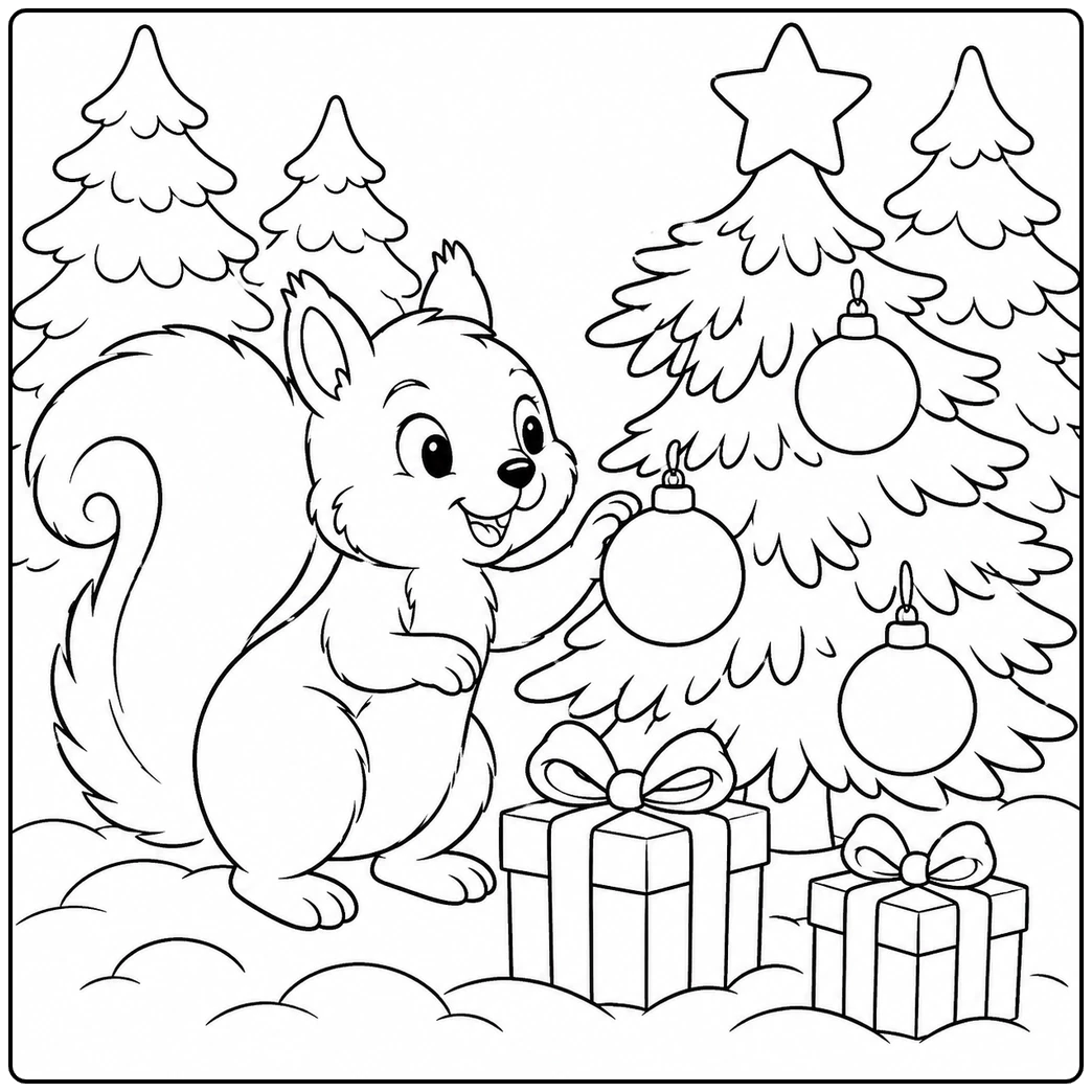 Squirrel decorates a tree with ornaments in a christmas squirrel coloring page