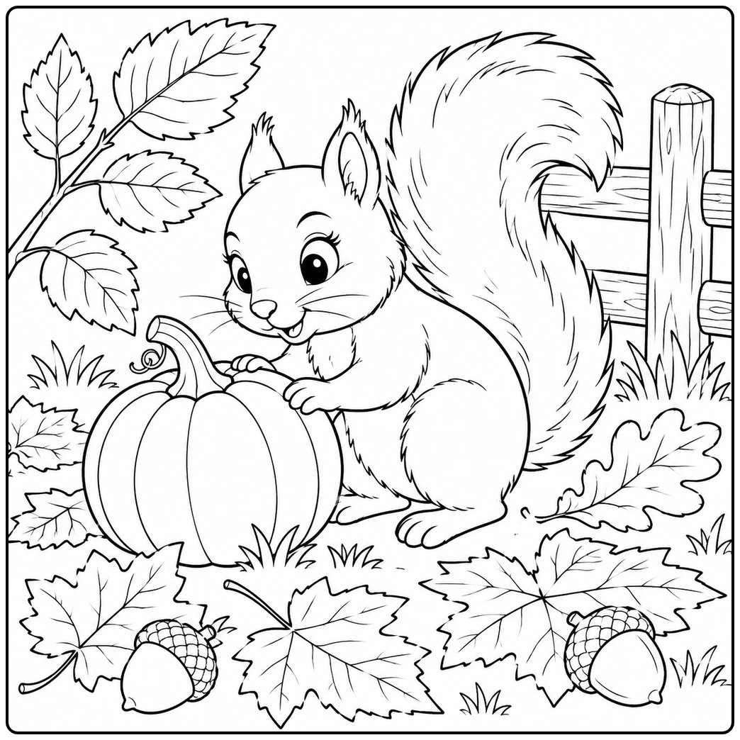 Curious squirrel leans on a pumpkin beside a wooden fence and scattered fall leaves