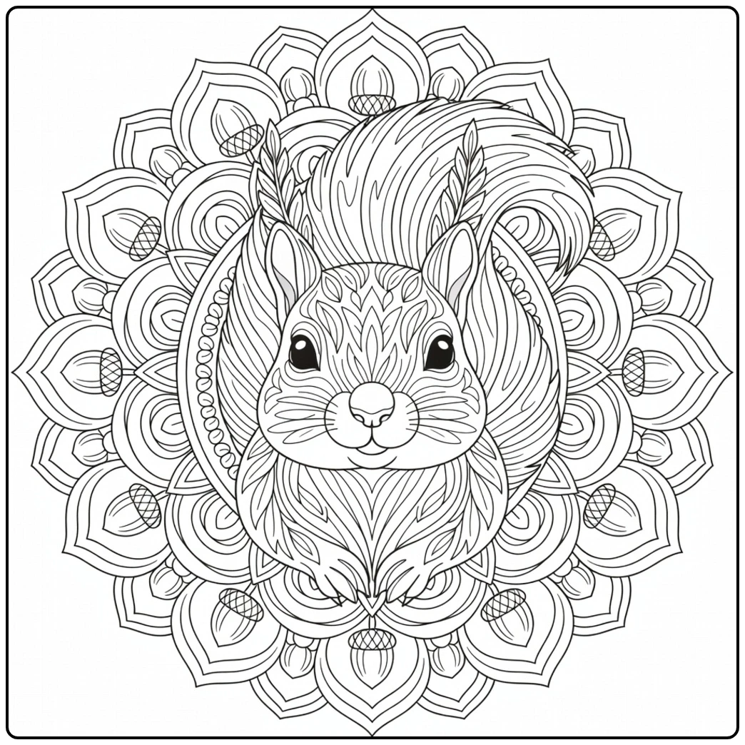 Squirrel face blends into layered leaves and acorns in a squirrel mandala coloring page