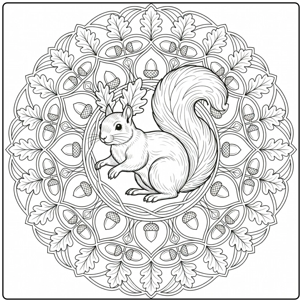 Detailed squirrel framed by oak leaves and acorns in a circular woodland mandala