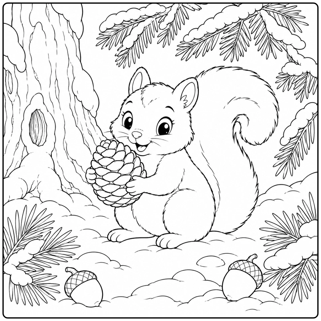 Squirrel holds a pine cone in a snowy forest on a winter squirrel coloring page