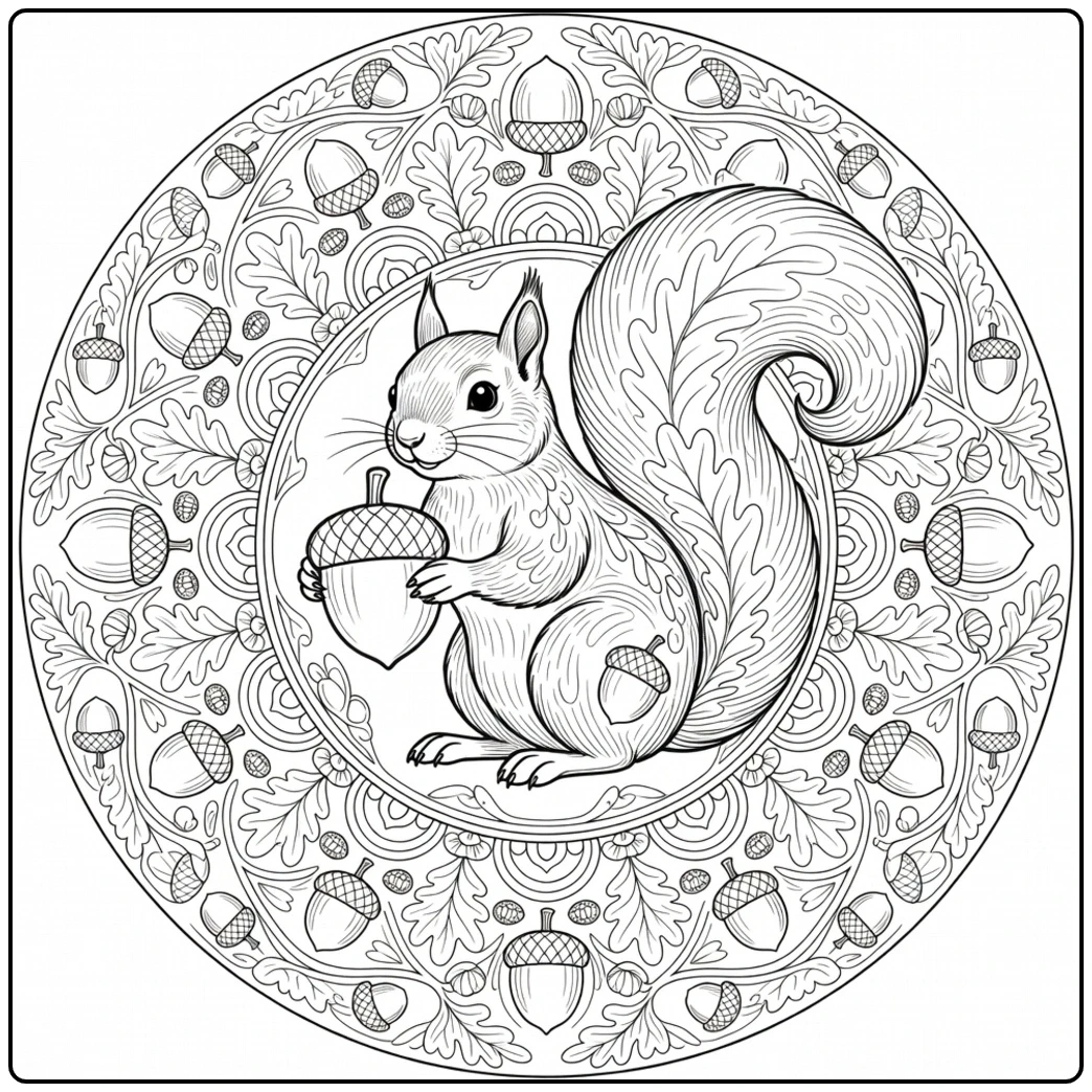 Squirrel holds a large acorn inside a detailed circular oak leaf mandala pattern