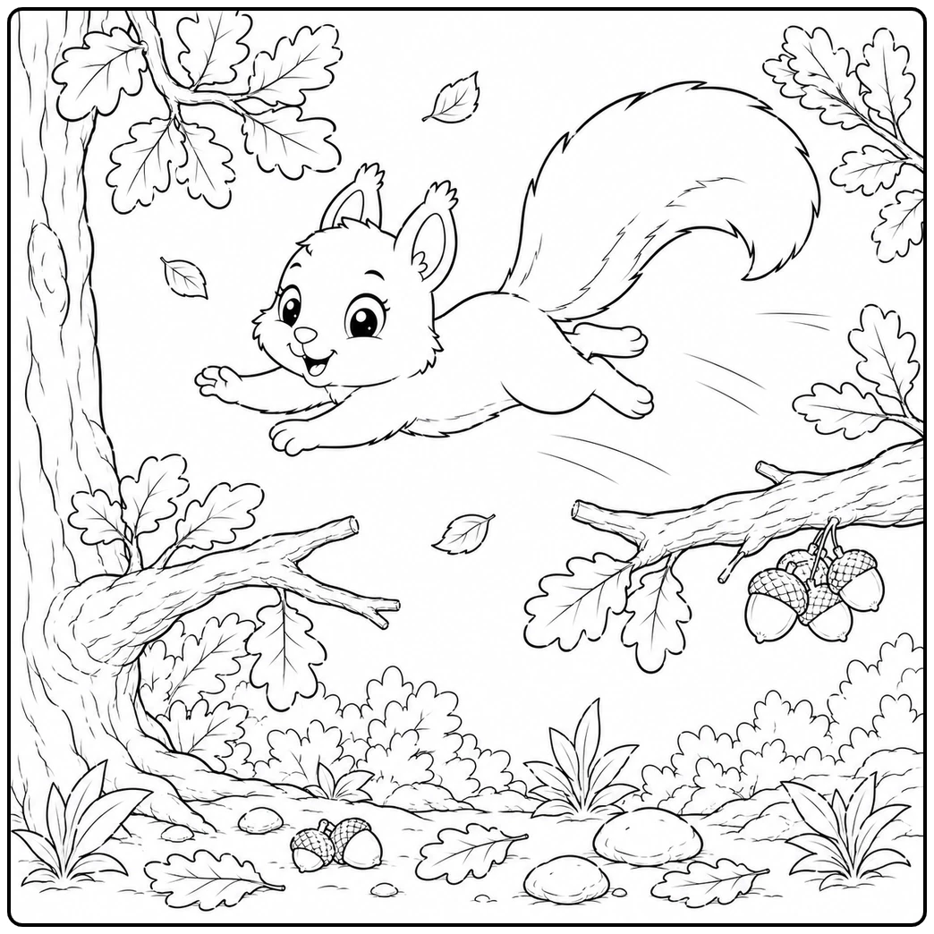 Leaping squirrel crosses between branches in a squirrels in woodland coloring page
