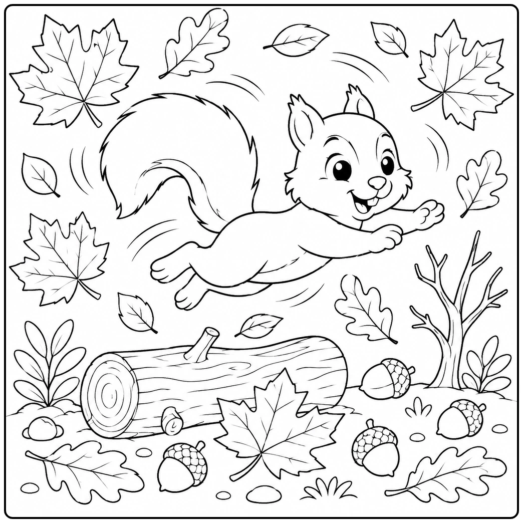 Leaping squirrel crosses a leafy autumn scene above a log, acorns, and bare branches