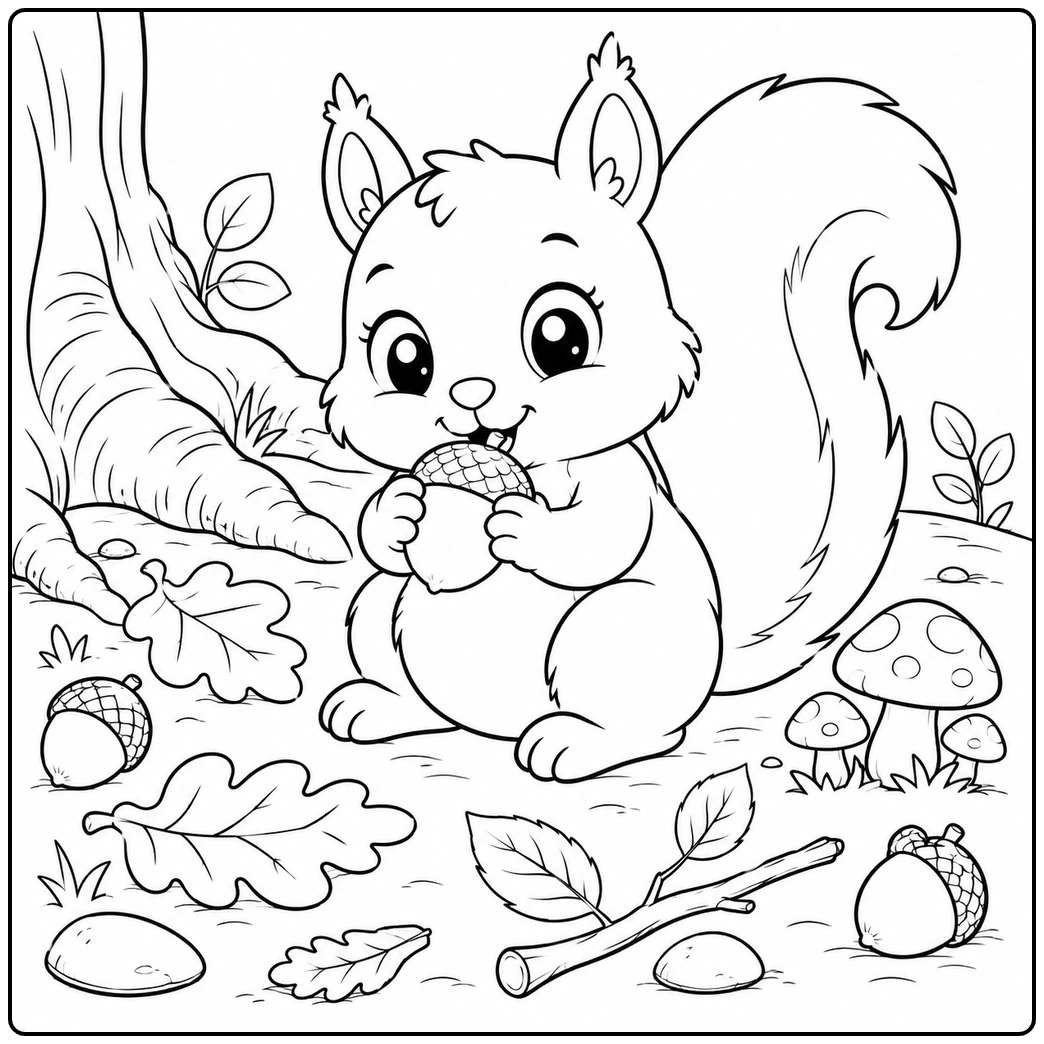 Squirrel Nibbling an Acorn in Woodland