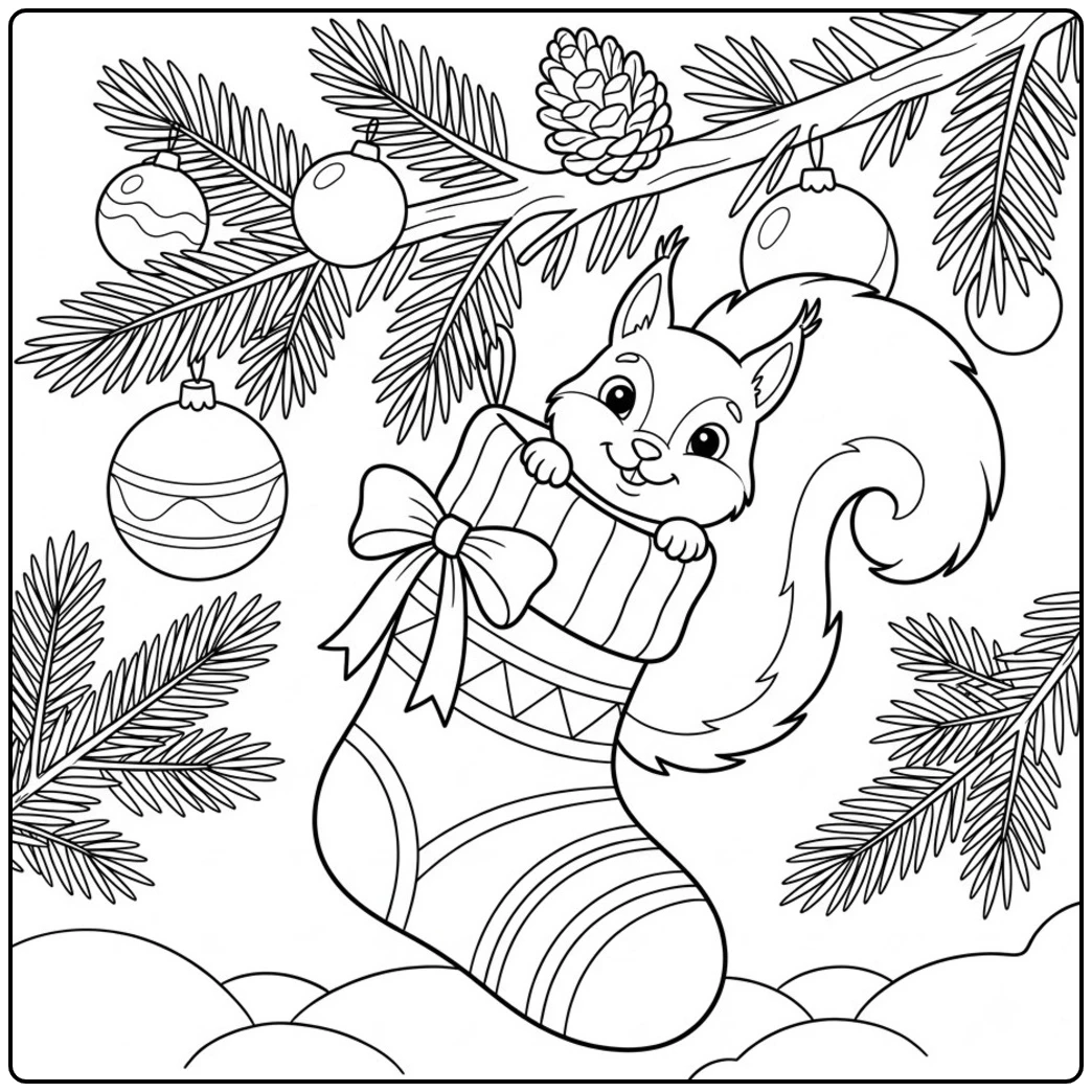 Christmas squirrel peeks from a large stocking beneath pine branches and hanging ornaments