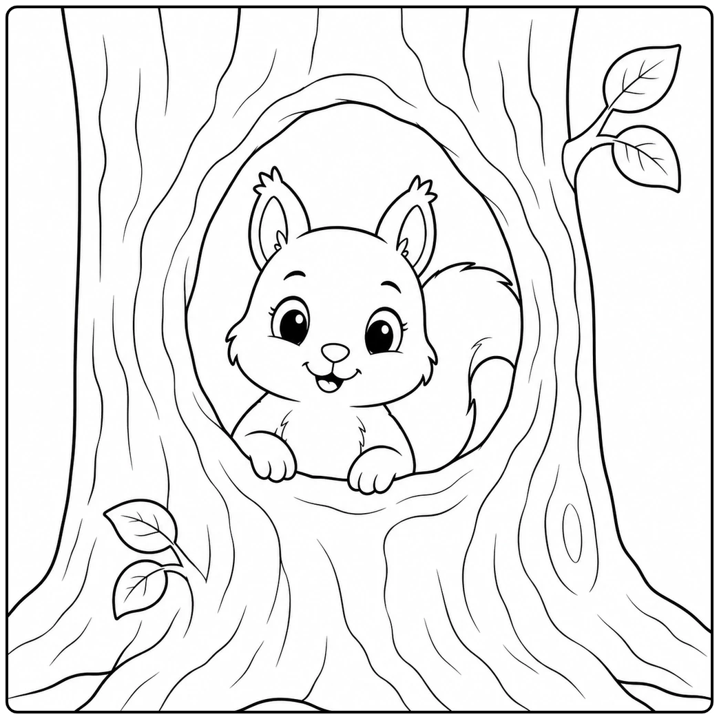 Kawaii squirrel peeking from a large tree hollow with paws resting on the opening