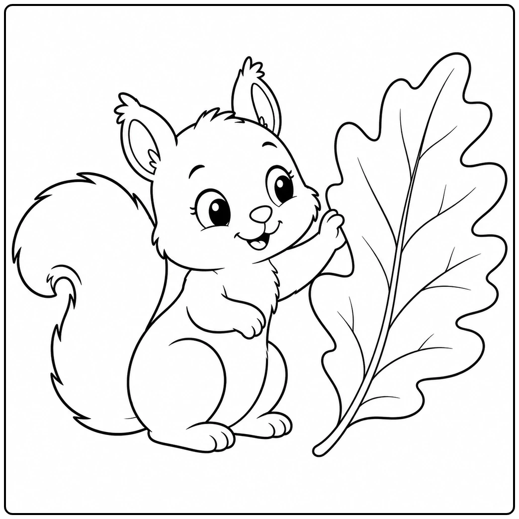 Cute squirrel reaching toward a giant oak leaf with its fluffy tail curled behind