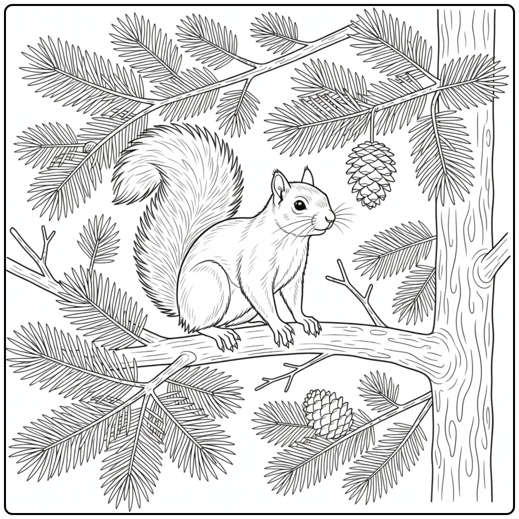 Natural squirrel rests on a conifer branch surrounded by pine needles and pine cones
