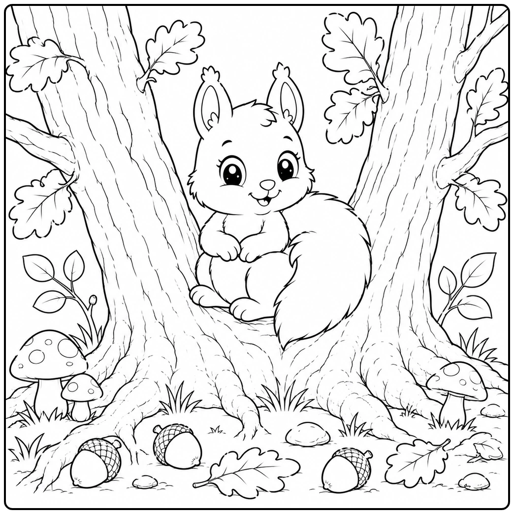 Young squirrel rests in a tree fork above mushrooms, acorns, leaves, and exposed roots