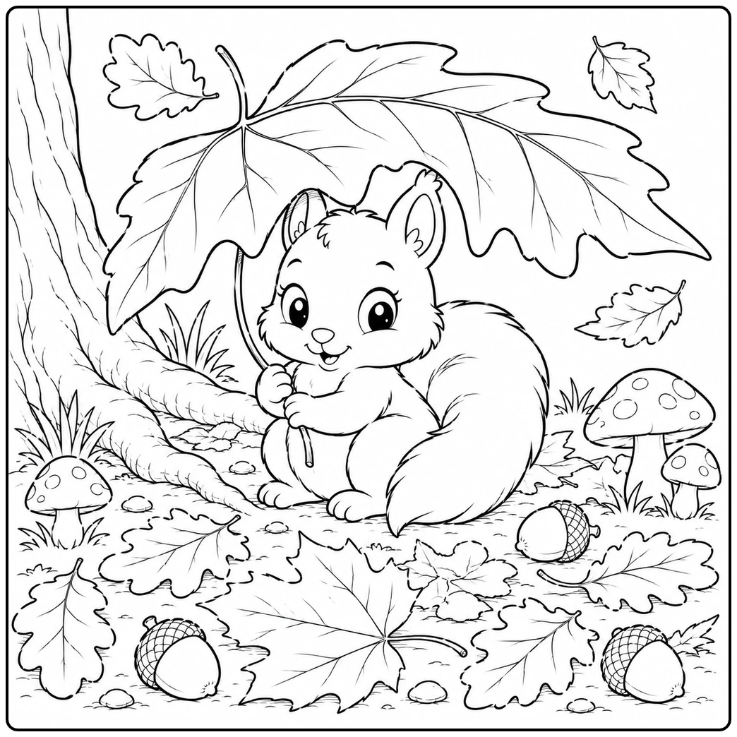 Squirrel shelters beneath a giant leaf in a fall squirrel Ccoloring page with acorns
