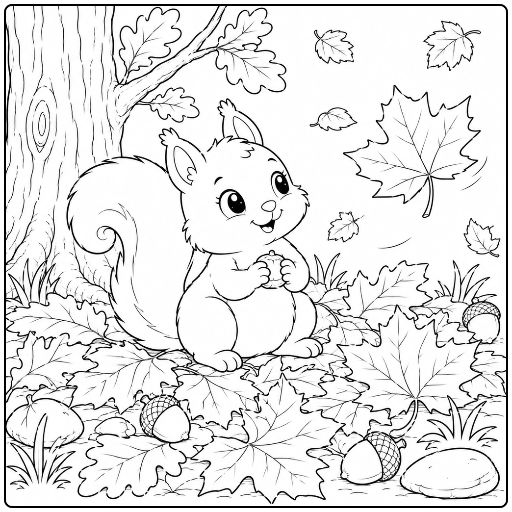 Squirrel sits among falling maple and oak leaves while holding a small nut near a tree