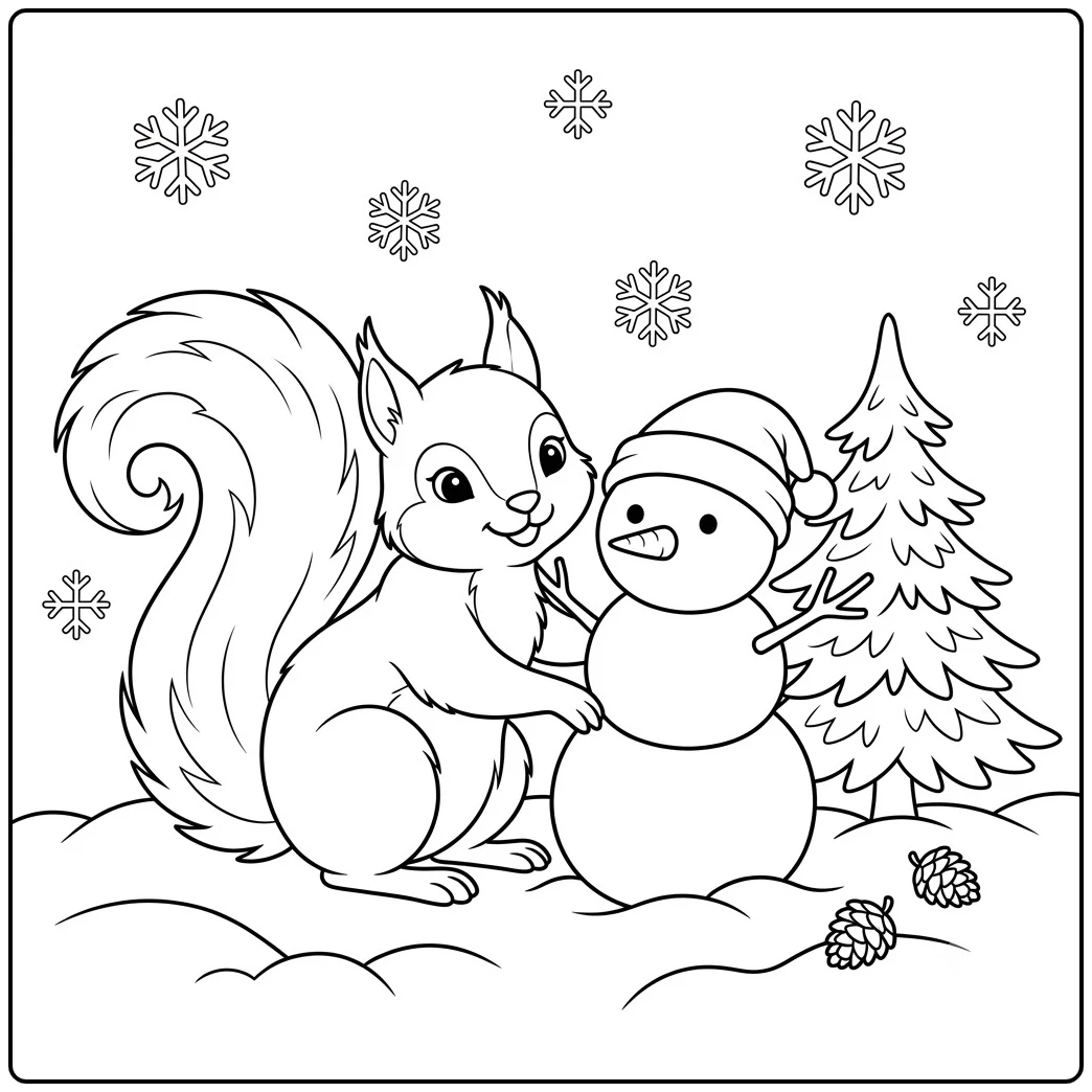 Friendly squirrel sits beside a snowman in a winter squirrel coloring page with snowflakes