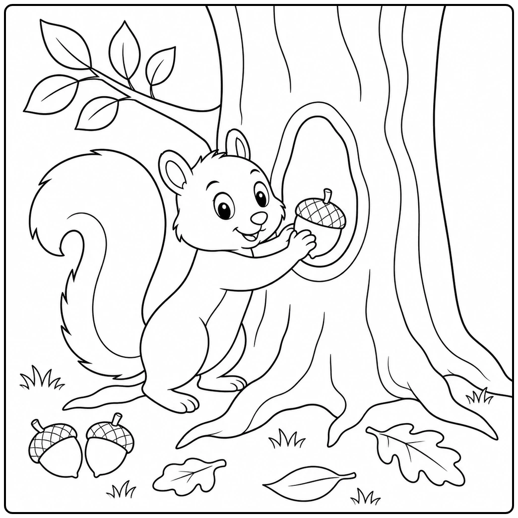Squirrel stores an acorn in a tree hollow on this squirrels with acorns coloring page