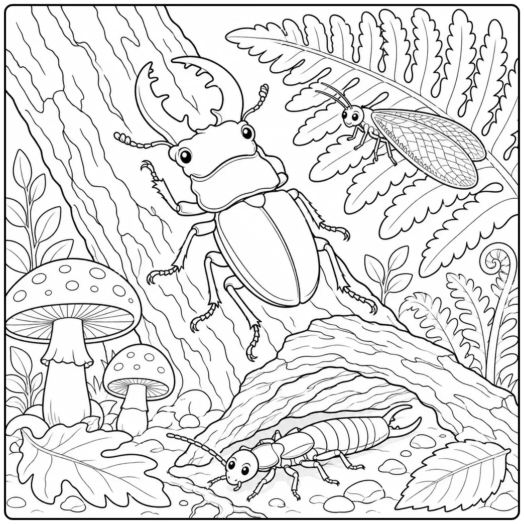 Stag beetle climbs tree bark as a lacewing rests on a fern and an earwig crawls below