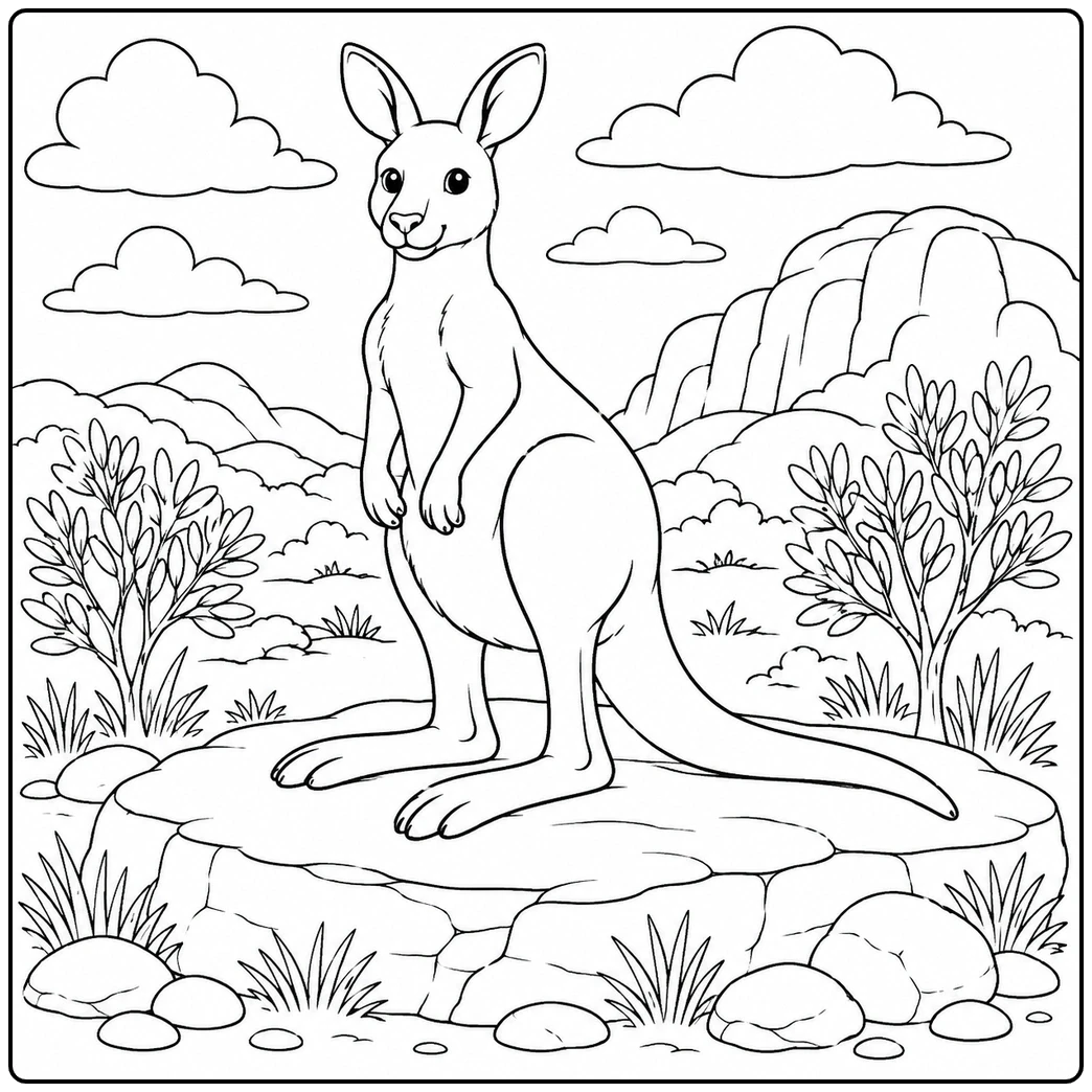 A kangaroo coloring page featuring an upright kangaroo among rocks, shrubs, distant hills, and clouds.