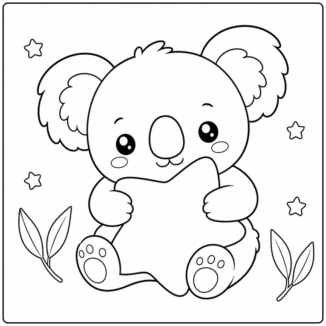 Smiling koala hugs a large star in this kawaii koala coloring page with tiny stars