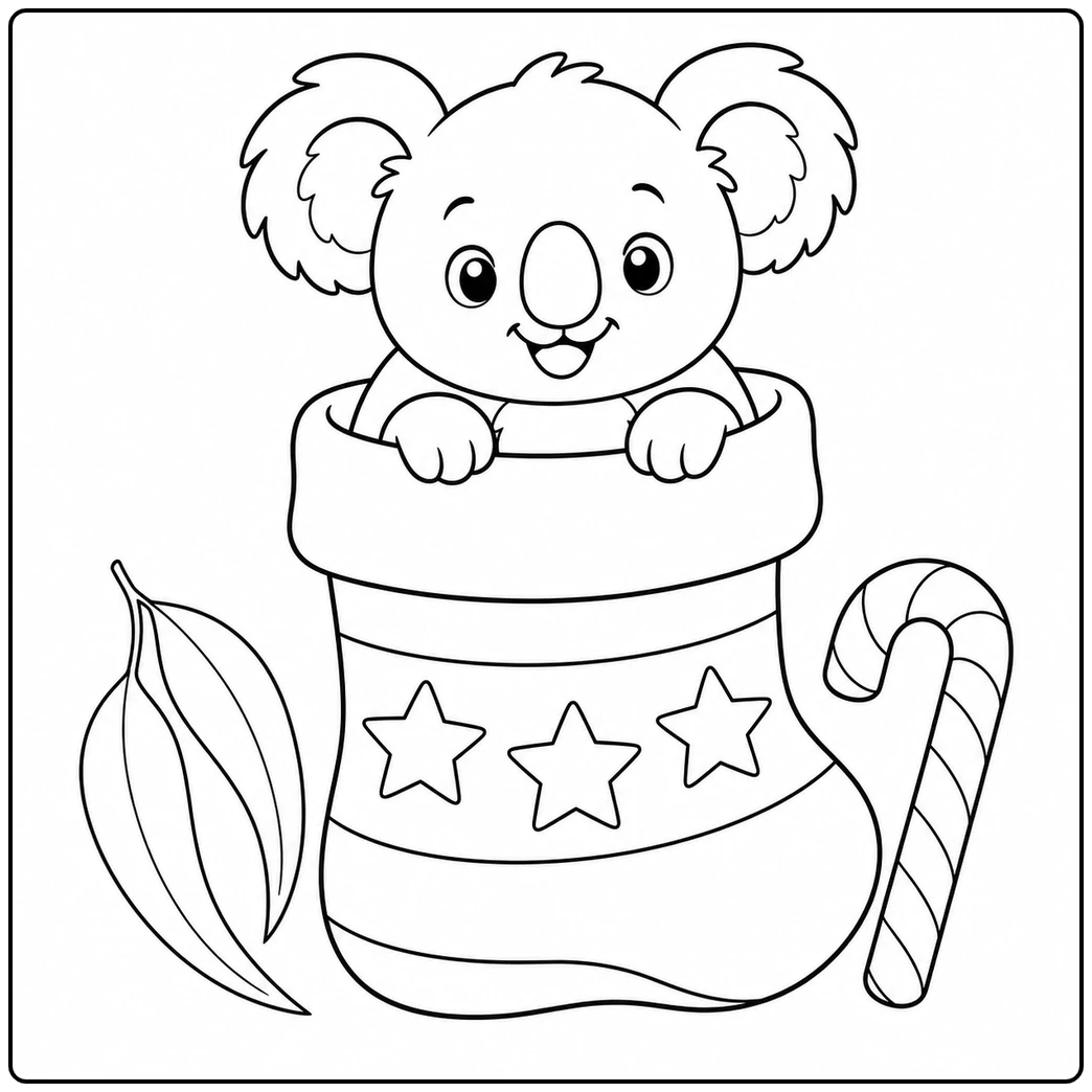 Happy koala peeks from a stocking in this christmas koala coloring page with a candy cane