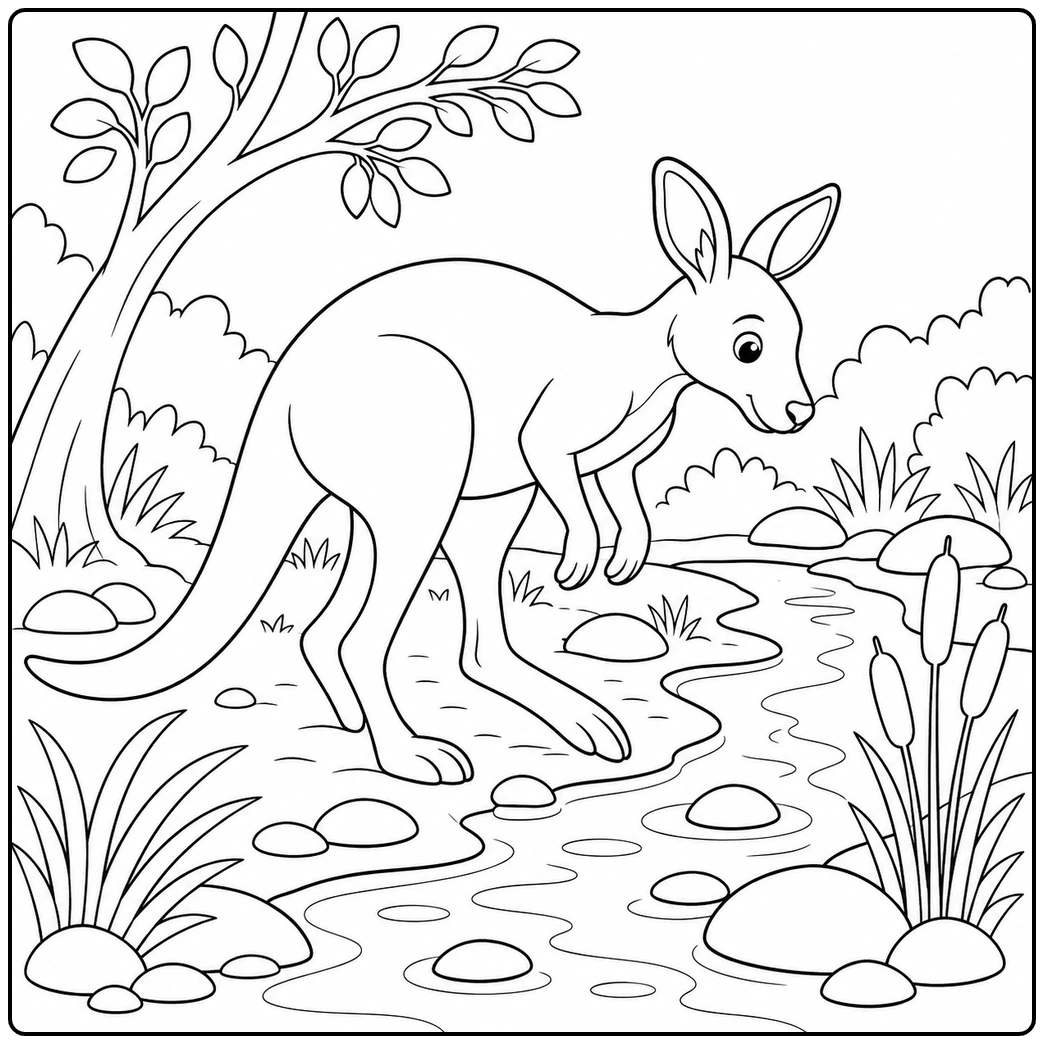 A kangaroo walks along a stone-covered trail beneath leafy branches, with bushes and tall plants nearby.