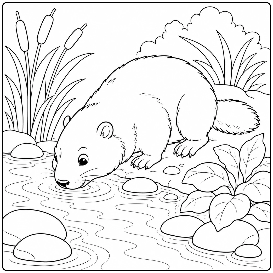 At a shallow stream, a groundhog coloring page captures the animal drinking between reeds and smooth stones.