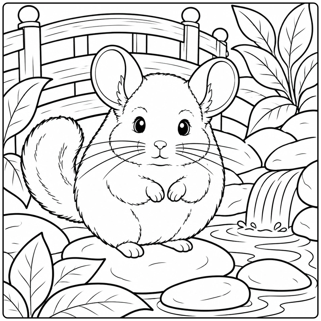 Fluffy chinchilla sitting on a stream rock beside a small waterfall and wooden bridge