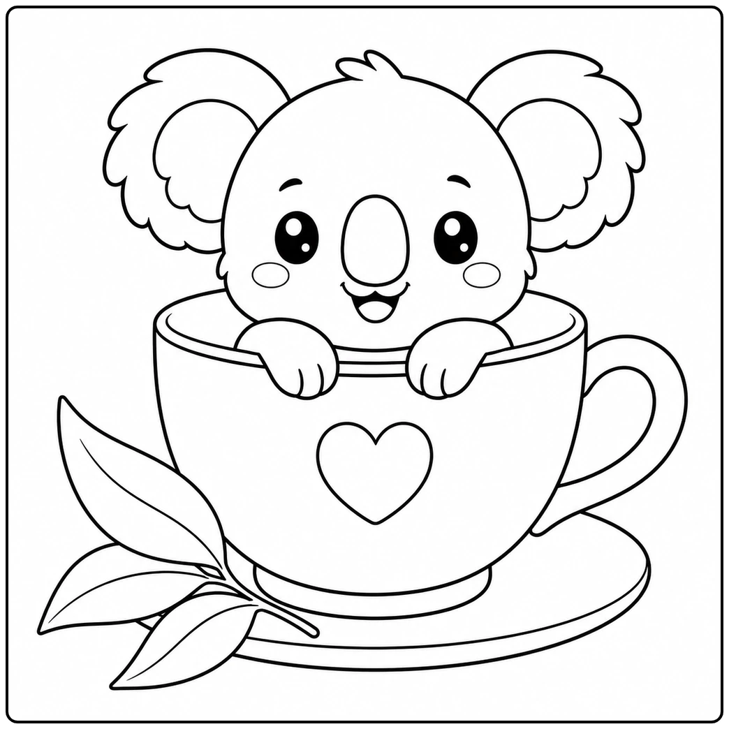 Smiling koala peeks from a heart-decorated teacup beside leafy eucalyptus sprigs