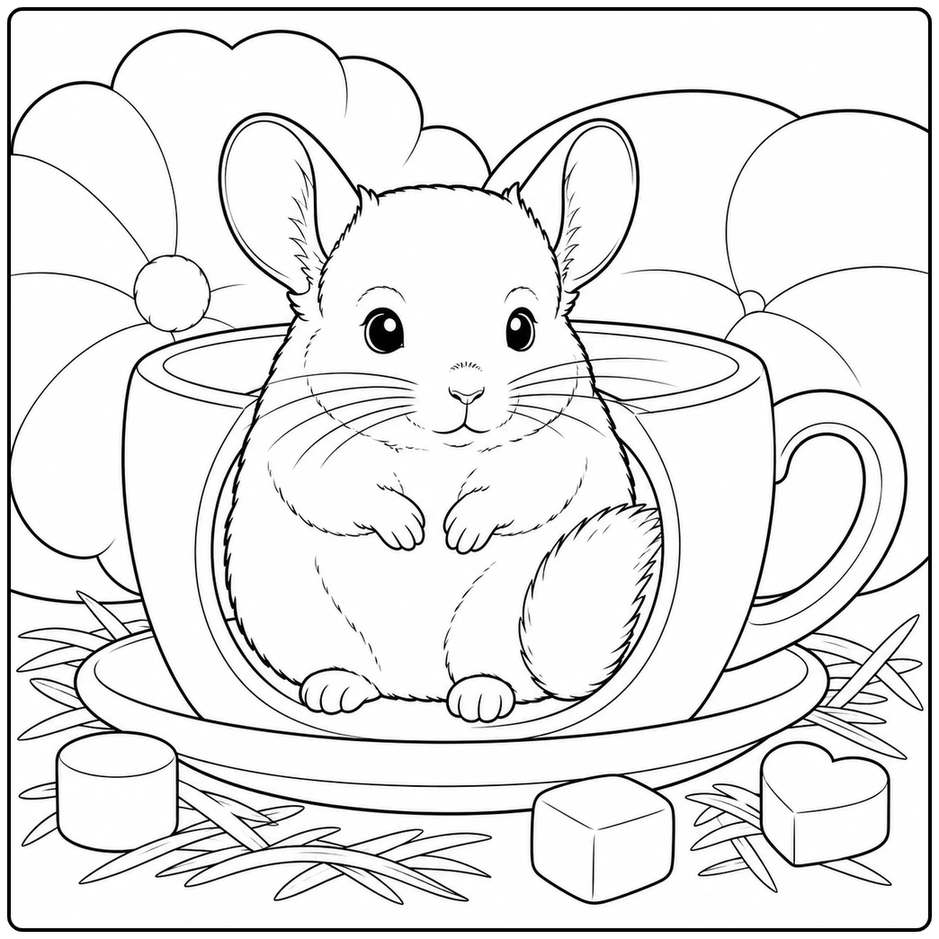 Round chinchilla nestled inside a large teacup with hay and chew blocks nearby