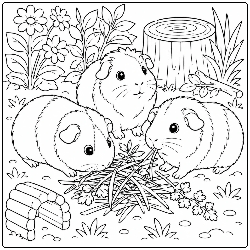 Guinea pig coloring page with three guinea pigs gathered around fresh grass beside flowers and a stump