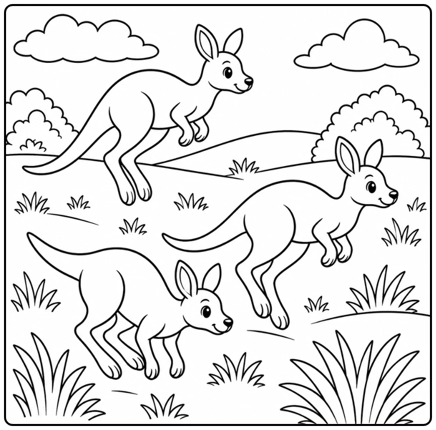 Three kangaroos move across open grassland, with two hopping adults and a smaller joey close behind.