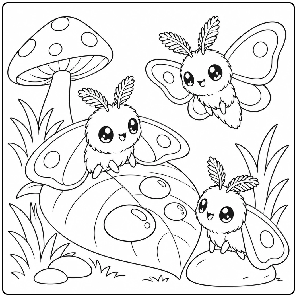 Three big-eyed moths gather by mushrooms in this moth coloring page for young kids.