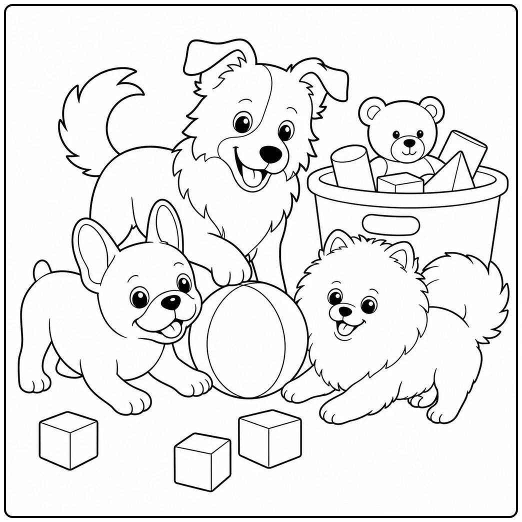 Three puppies play around a large ball with toy blocks and a teddy bear tucked in a basket