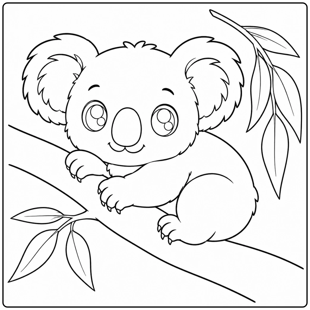 Wide-eyed koala rests across a tree branch surrounded by hanging eucalyptus leaves
