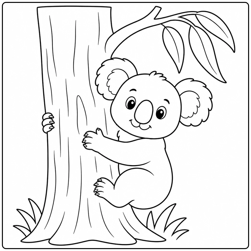 Young koala hugs a tree trunk beneath a leafy eucalyptus branch with grass below.