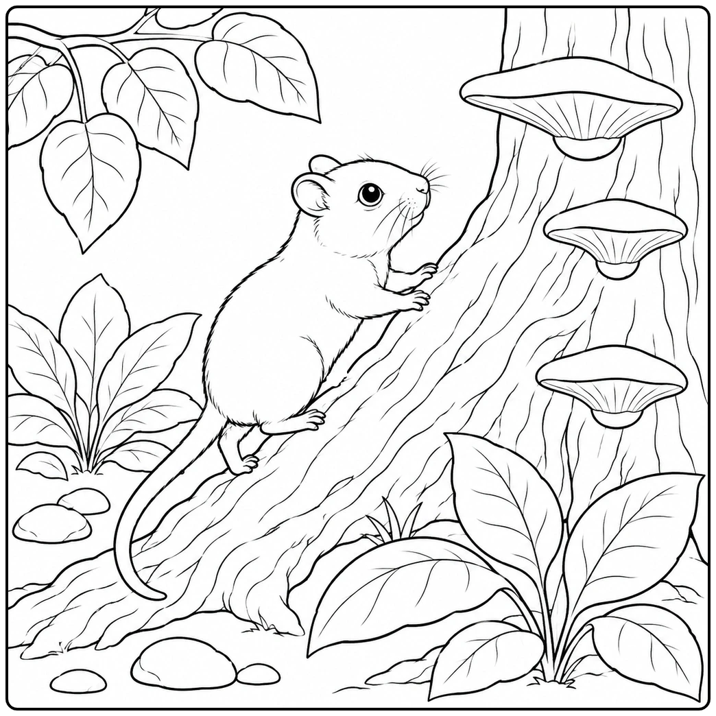 Small climber scales a textured tree trunk beside shelf mushrooms, leafy plants, and stones