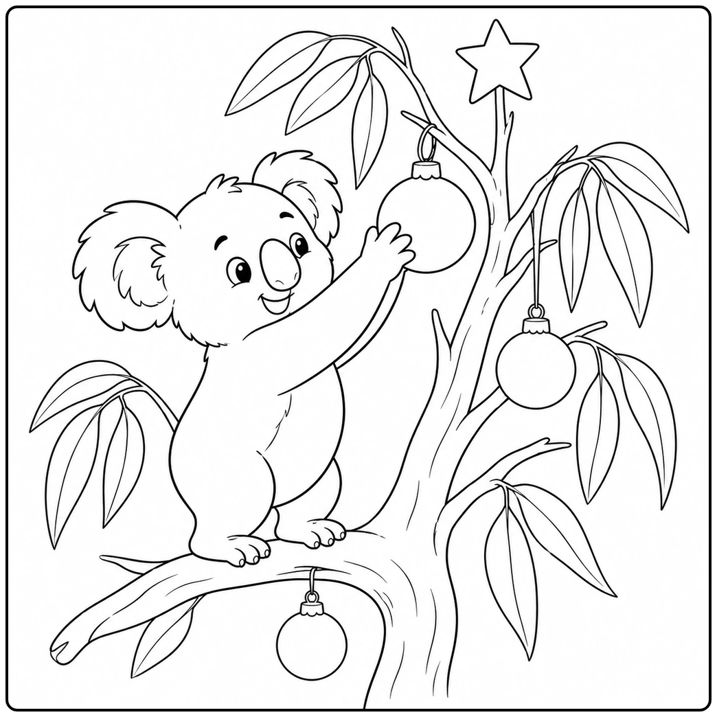 Smiling koala reaches for an ornament on a eucalyptus tree decorated with a star