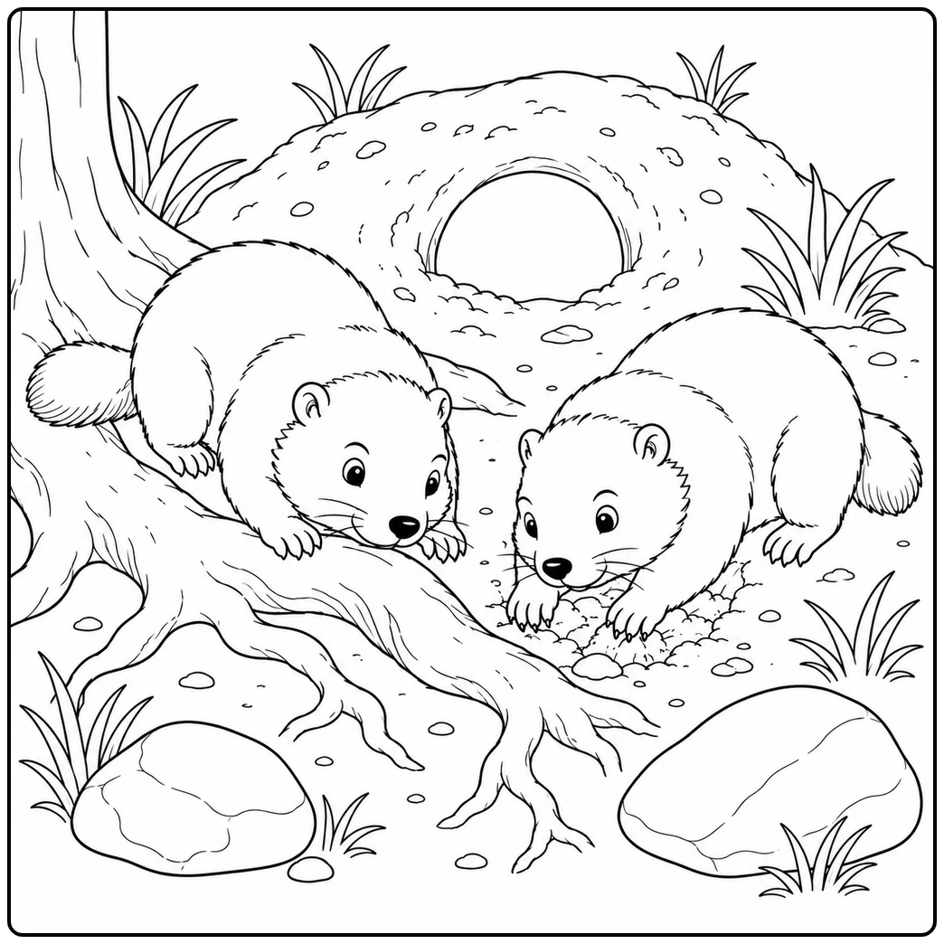 Two groundhogs lower their noses near exposed tree roots, with a round burrow opening visible behind them.