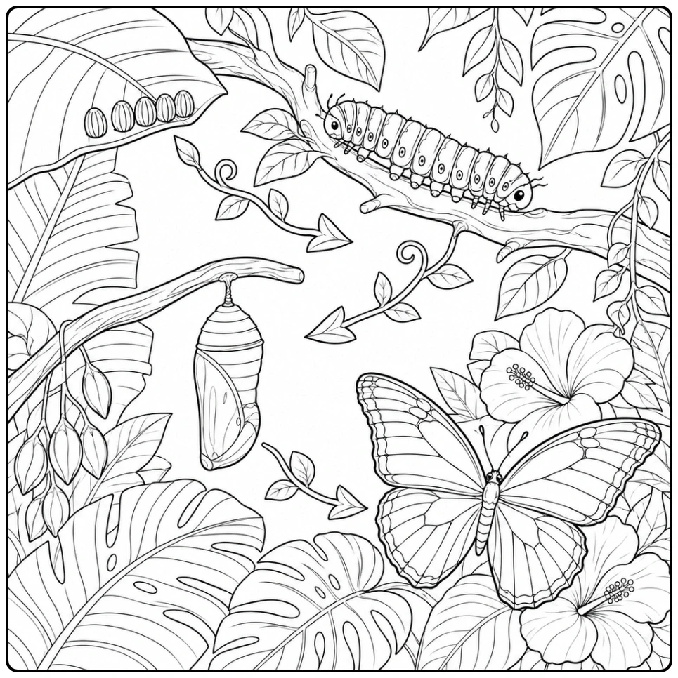 Dense tropical leaves surround a butterfly, caterpillar, chrysalis and life cycle arrows.