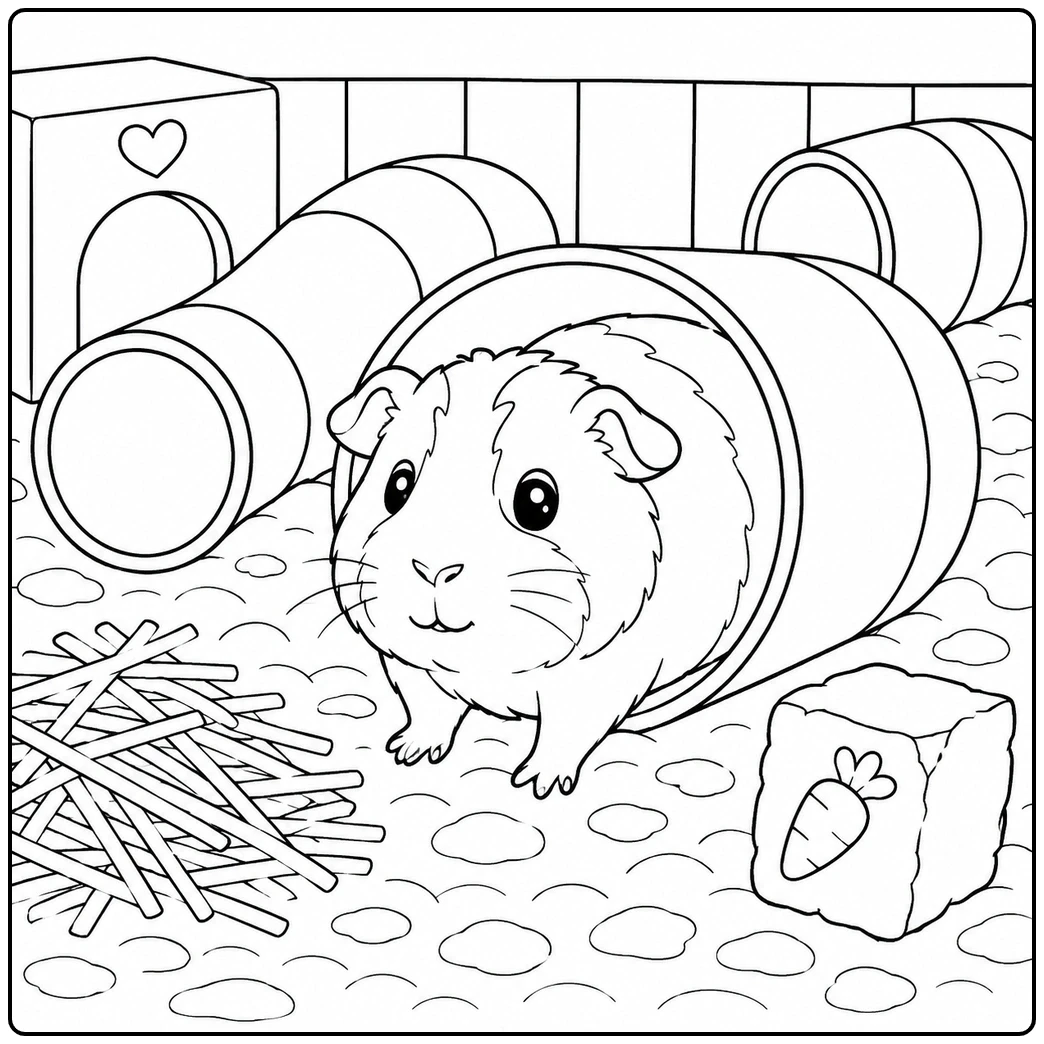 Guinea pig coloring page featuring a guinea pig stepping from a tube maze with hay and a chew block