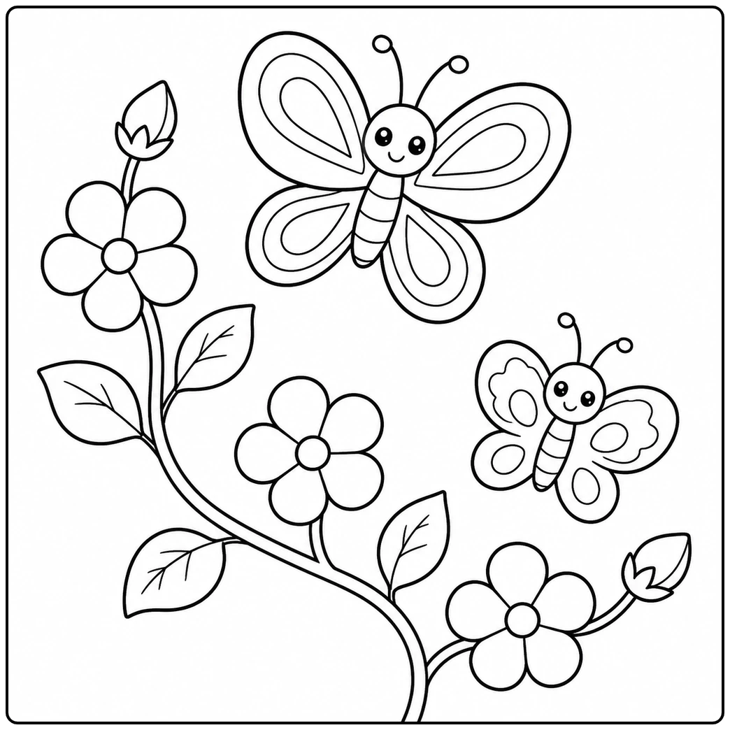 Two smiling butterflies flying around simple flowers, leafy stems, and flower buds